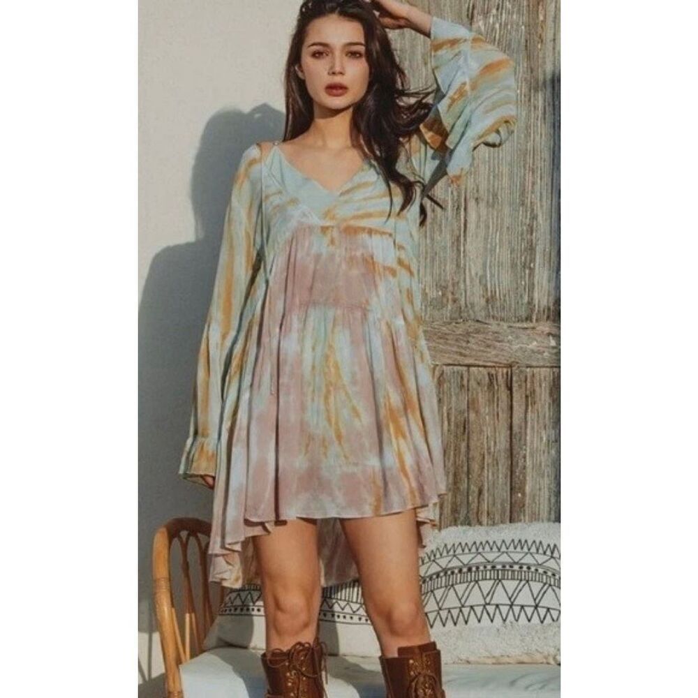 Young Fabulous & Broke Green Pink Rosa Tie Dye Unlined Coverup Dress Size Large